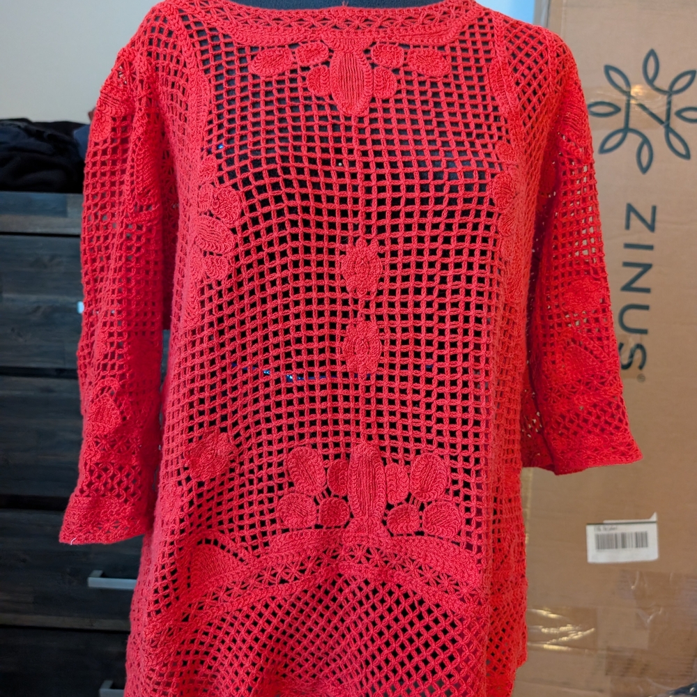 Red Crochet Knit Sweater